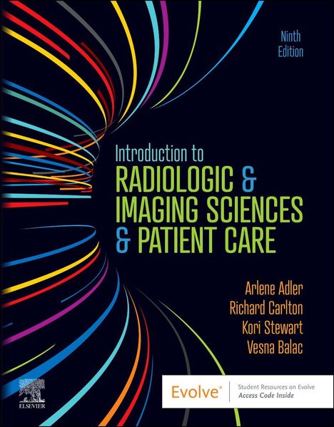 „Introduction to Radiologic & Imaging Sciences & Patient Care“, bunte, geschwungene Linien auf dunklem Hintergrund.