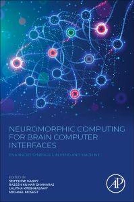 "Neuromorphic Computing for Brain Computer Interfaces" in weißer Schrift. Bunte, vernetzte Kreise auf blauem Hintergrund.