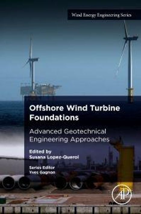 "Offshore Wind Turbine Foundations", Windräder im Meer mit einem Küstenabschnitt im Vordergrund.