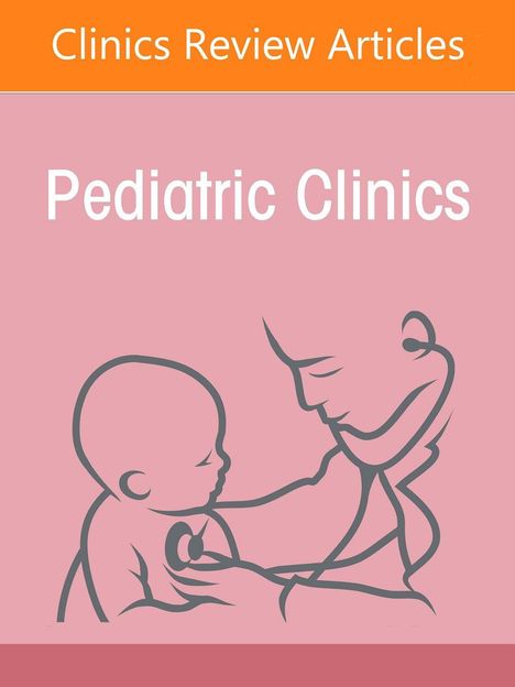 „Pediatric Clinics“ auf rosa Hintergrund, Illustration eines Erwachsenen mit einem Baby im Arm.