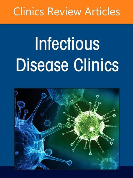 "Infectious Disease Clinics" und "Clinics Review Articles" auf farbigem Hintergrund. Illustration von Viren in Blau und Grün.
