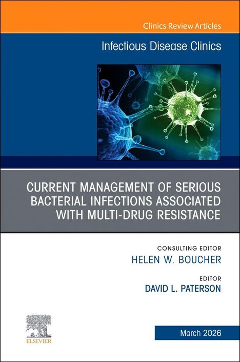 Text im Bild: "CURRENT MANAGEMENT OF SERIOUS BACTERIAL INFECTIONS..." Illustration von Bakterien unter einem Mikroskop.