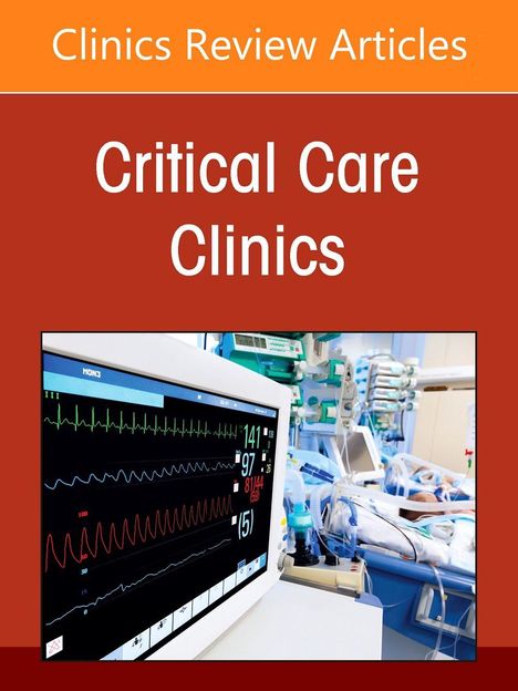 "Critical Care Clinics" auf rotem Hintergrund, darunter ein Monitor mit Vitalwerten, medizinische Geräte im Hintergrund.