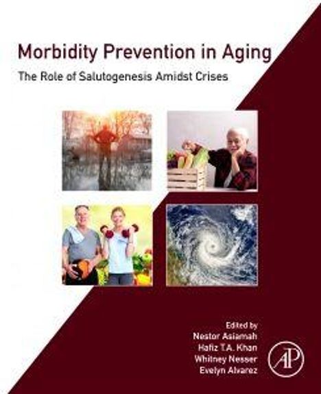 "Morbidity Prevention in Aging: The Role of Salutogenesis Amidst Crises." Vier Fotos: Natur, Frau mit Gemüse, Fitness, Wirbelsturm.
