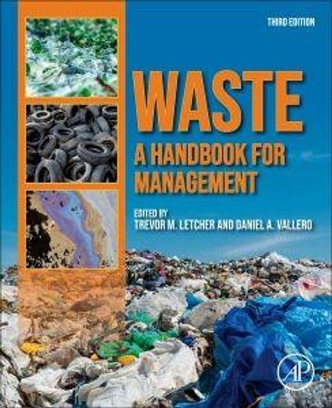 Text: "Third Edition. WASTE A HANDBOOK FOR MANAGEMENT. Edited by Trevor M. Letcher and Daniel A. Vallero."  
Unten: Müllberge.