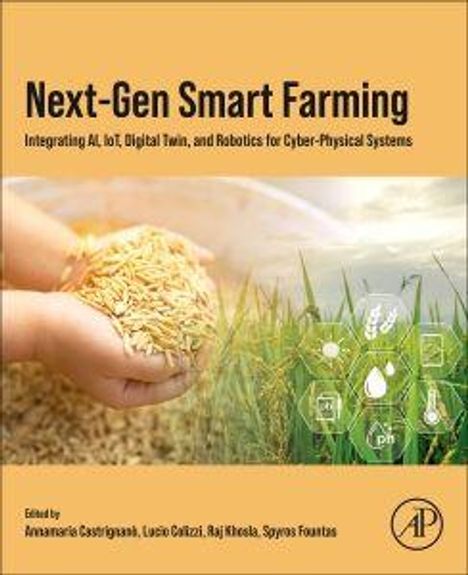 "Next-Gen Smart Farming" und Symbole für Technologie über grünem Feld mit Händen, die Körner halten.