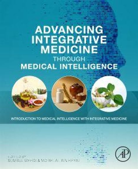 „Advancing Integrative Medicine Through Medical Intelligence“. Drei Kreise mit medizinischen Motiven, blau-grüner Hintergrund.