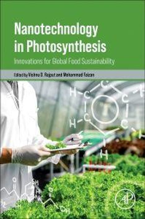 "Nanotechnology in Photosynthesis: Innovations for Global Food Sustainability" zeigt Forscher in einem Gewächshaus mit Chemiesymbolen.