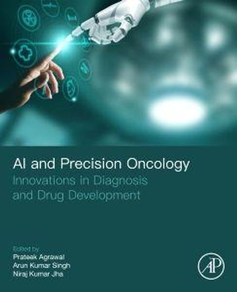 „AI and Precision Oncology: Innovations in Diagnosis and Drug Development.“ Eine menschliche und eine Roboterhand nähern sich an.