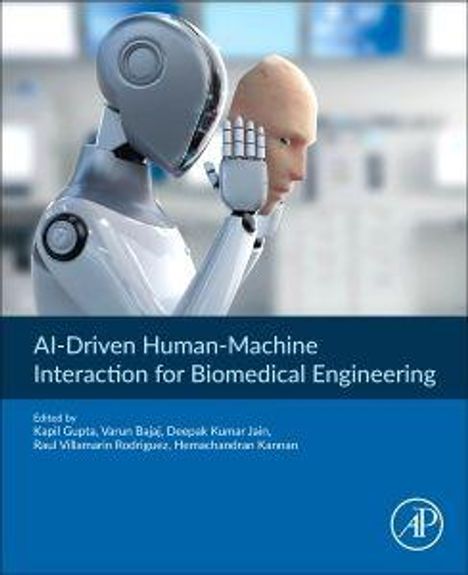 "AI-Driven Human-Machine Interaction for Biomedical Engineering." Cover: Ein Roboter und ein Mensch interagieren.