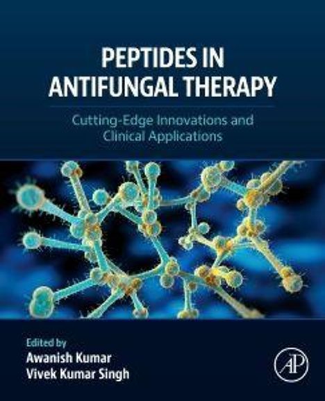Text: "Peptides in Antifungal Therapy: Cutting-Edge Innovations and Clinical Applications." Molekül-Illustration auf blauem Hintergrund.