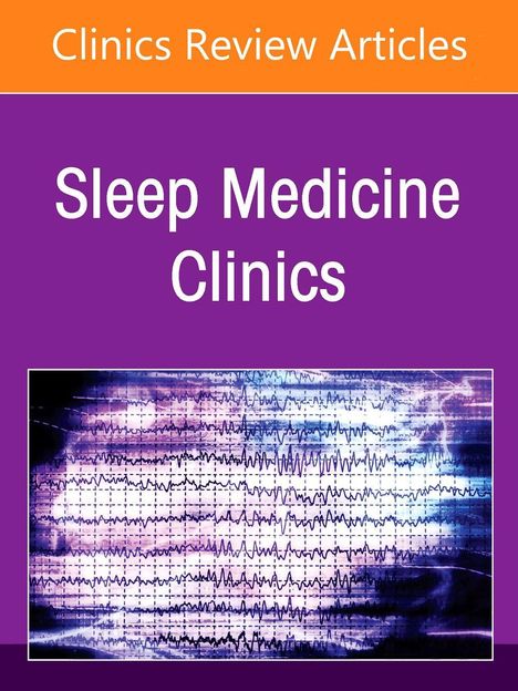 "Clinics Review Articles", "Sleep Medicine Clinics", violetter Hintergrund, darunter EEG-Muster in Weiß und Blau.