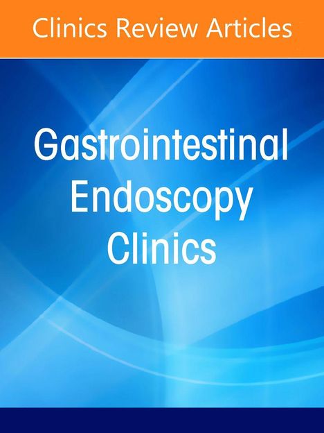 "Clinics Review Articles" oben, "Gastrointestinal Endoscopy Clinics" groß, blaues, abstraktes Hintergrunddesign.