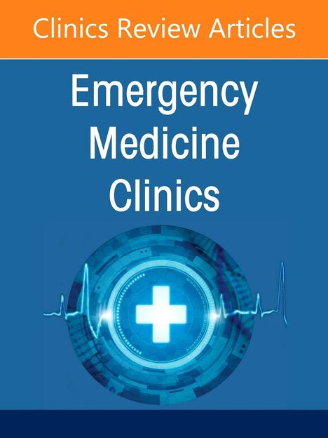 "Clinics Review Articles", "Emergency Medicine Clinics". Illustration: Herzschlaglinie und medizinisches Kreuz auf blauem Hintergrund.