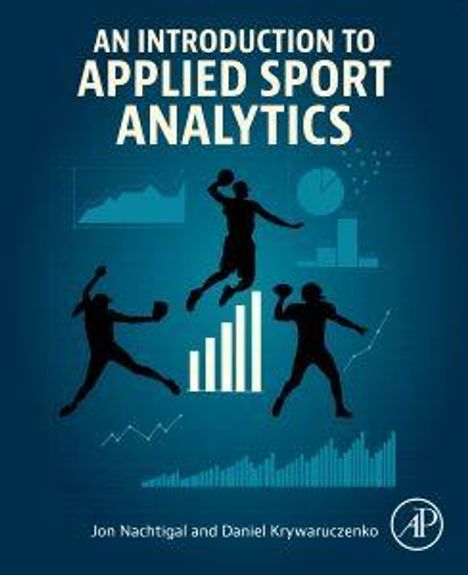 Text oben: "An Introduction to Applied Sport Analytics". Silhouetten von Sportlern und Diagramme auf blauem Hintergrund.