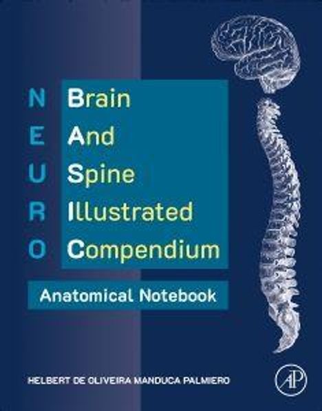 Brain And Spine Illustrated Compendium. Anatomical Notebook. NEURO vertikal. Illustration von Gehirn und Wirbelsäule. Logo unten rechts.