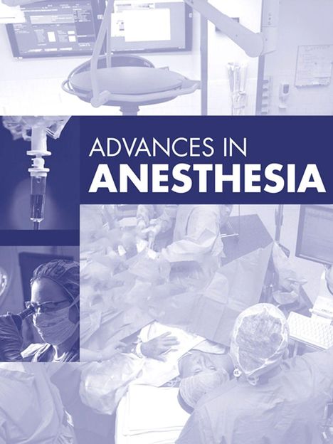 Text: "ADVANCES IN ANESTHESIA". Ärztinnen im OP, medizinische Ausrüstung, Monitore, Patientenversorgung.