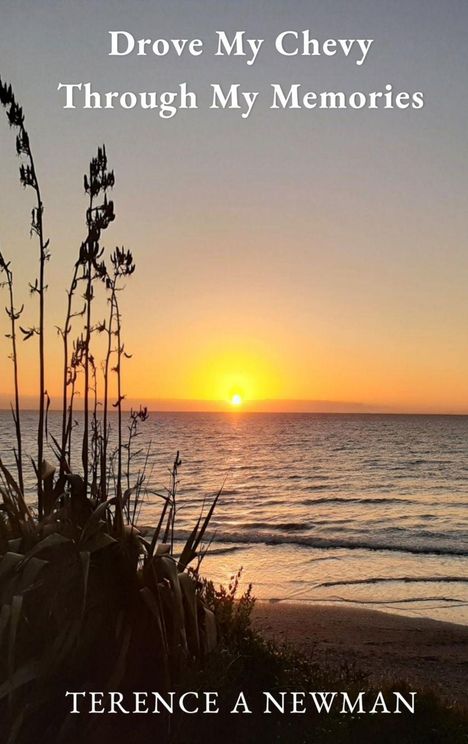 Text: "Drove My Chevy Through My Memories" und "Terence A Newman". Sonnenuntergang über dem Meer mit Pflanzen im Vordergrund.