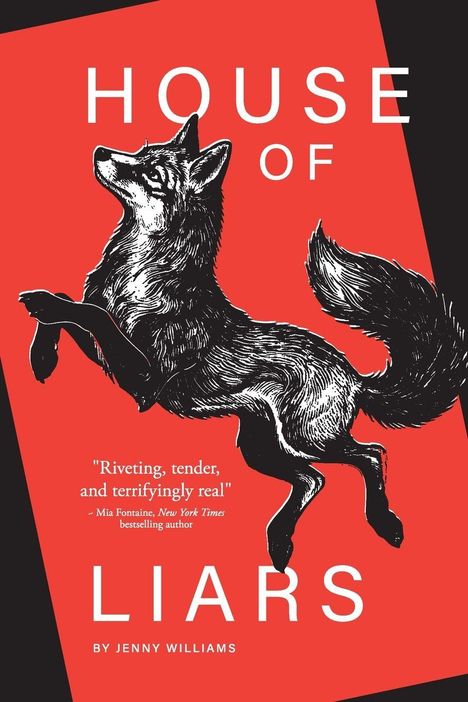 "House of Liars" von Jenny Williams. Ein springender Fuchs auf rotem Hintergrund. Zitat von Mia Fontaine.