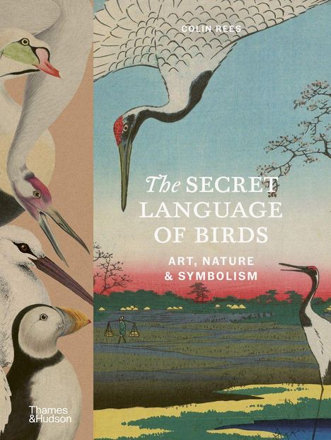 "The Secret Language of Birds: Art, Nature & Symbolism." Illustration von Vögeln und Landschaft bei Sonnenuntergang.