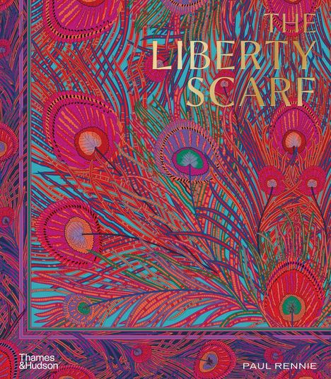 „THE LIBERTY SCARF“ steht groß da, umgeben von farbenfrohen Pfauenfedern in lebendigen Mustern und Farben.