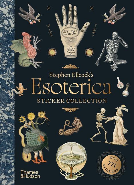 "Stephen Ellcock's Esoterica Sticker Collection. Thames & Hudson. Mit Illustrationen: Hand mit Symbolen, Skelett und Fabelwesen."