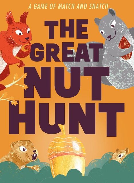 „THE GREAT NUT HUNT“ in großen Buchstaben, zwei verspielte Eichhörnchen und Erdhörnchen, die um eine große Nuss herumtollen.