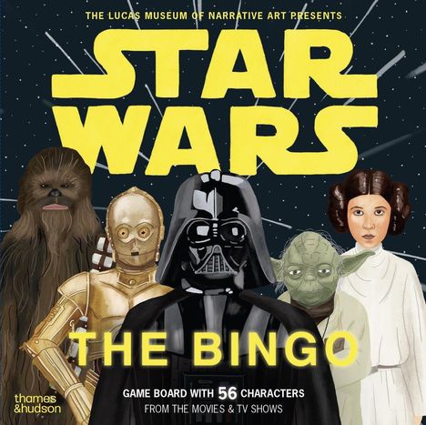 Text: "Star Wars: The Bingo. Game board with 56 characters from the movies & TV shows." Bekannte Figuren in einer Illustration.