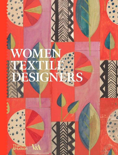 "WOMEN TEXTILE DESIGNERS" in weißer Schrift. Geometrische Muster mit Blättern und Kreisen auf farbigem Hintergrund.