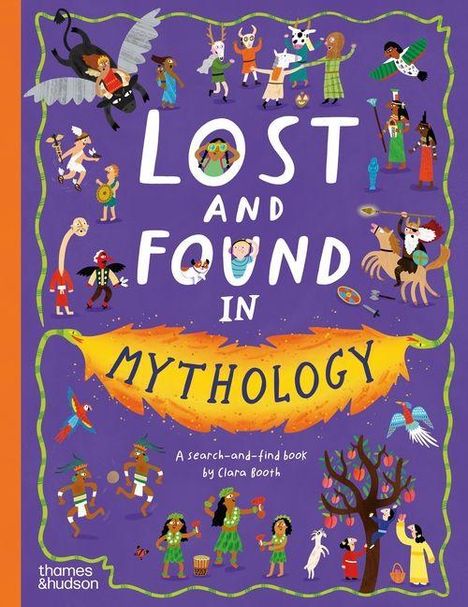 Text: "LOST AND FOUND IN MYTHOLOGY". Illustration bunter Fabelwesen und Figuren auf lila Hintergrund.