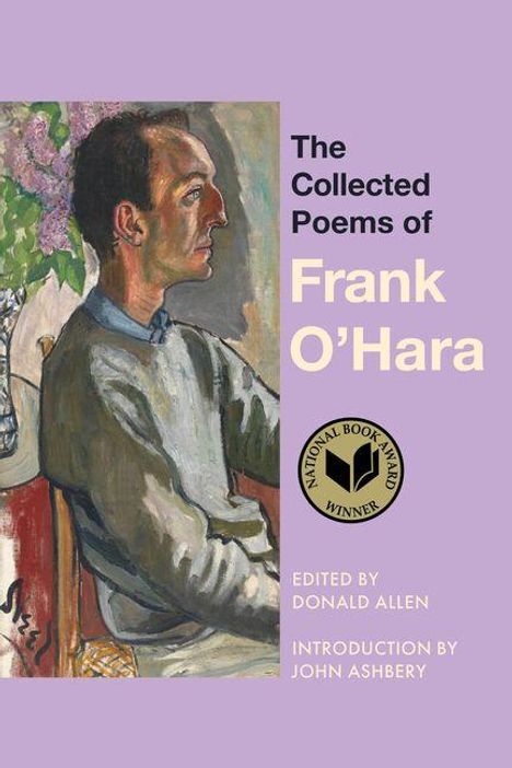„The Collected Poems of Frank O'Hara“. Gemälde eines sitzenden Mannes im Profil. National Book Award Logo.