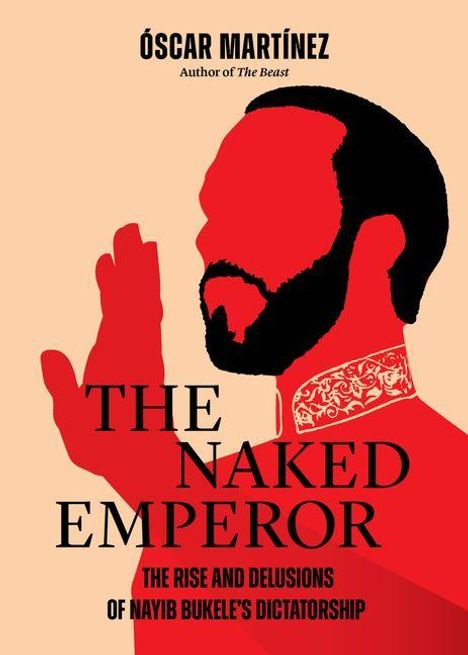 ÖSCAR MARTÍNEZ, THE NAKED EMPEROR, Silhouette eines Mannes in Rot mit aufrechter Hand und dekoriertem Kragen.