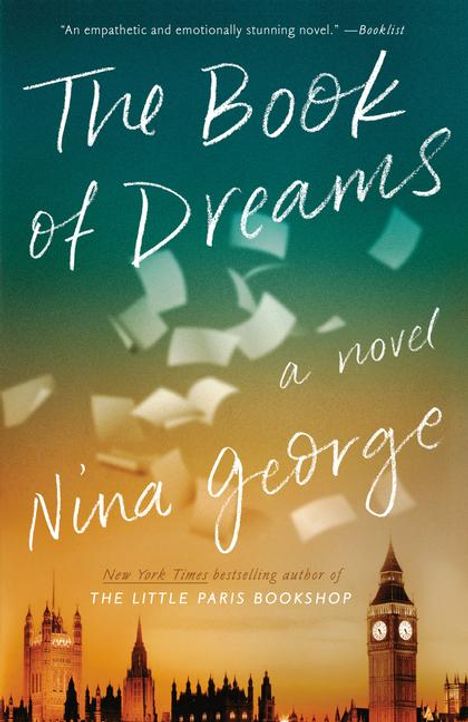 "The Book of Dreams", ein Roman von Nina George. Illustration mit schwebenden Seiten und Skyline inklusive Big Ben.