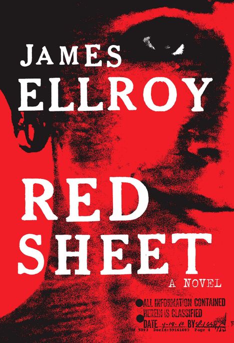 "JAMES ELLROY RED SHEET A NOVEL." Im roten Hintergrund eine teilweise sichtbare, schwarz-weiß verzerrte Gesichtsabbildung.