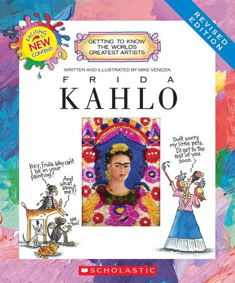 Revised Edition. Frida Kahlo. Illustration mit Kahlo, Tieren und Sprechblasen. Buntes, lebendiges Design.