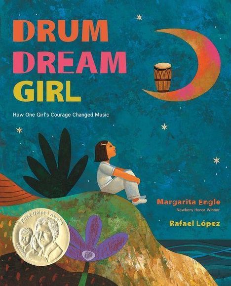 „DRUM DREAM GIRL“, Untertitel über Mut und Musik. Bunte Illustration eines Mädchens mit einer Trommel und Mond.