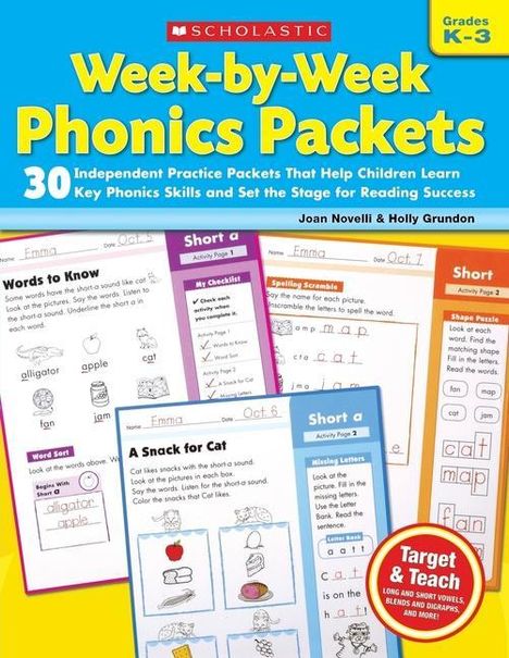 Buchtitel: "Week-by-Week Phonics Packets". Enthält Übungen zur Leseförderung für Kinder der Klassen K-3. Enthält farbenfrohe Seitenvorschau.