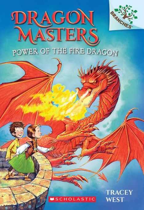 „DRAGON MASTERS: POWER OF THE FIRE DRAGON“, Illustration. Zwei Kinder mit Drache. Logo eines Baumes mit „BRANCHES.“