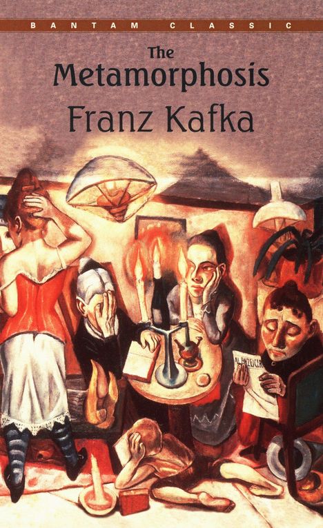 „The Metamorphosis, Franz Kafka“. Illustrationsstil; Personen an einem Tisch, eine Frau im Korsett, zwei Menschen halten den Kopf.