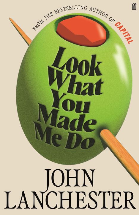 "Look What You Made Me Do" und "John Lanchester". Illustration einer grünen Olive mit rotem Paprika und Zahnstocher.