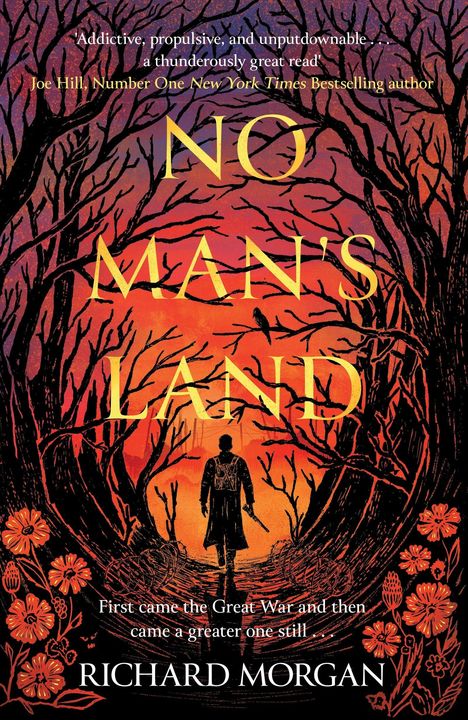 "NO MAN'S LAND" in großen Buchstaben, düstere Bäume, Silhouette eines Mannes, orangefarbener Himmel, rote Blumen.