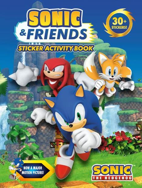 "SONIC & FRIENDS STICKER ACTIVITY BOOK", "30+ Stickers!", "NOW A MAJOR MOTION PICTURE!". Sonic, Knuckles, Tails springen.
