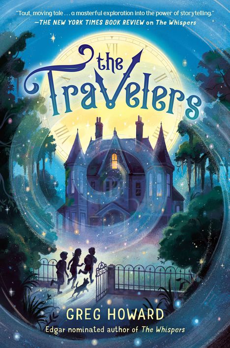 "The Travelers" von Greg Howard. Kinder laufen mit einem Hund zu einem Haus, Mond im Hintergrund, magischer, verspielter Stil.