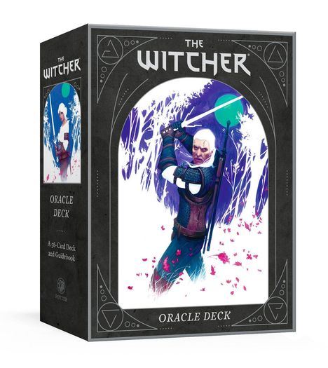 "The Witcher", "Oracle Deck", "A 56-Card Deck and Guidebook". Illustration eines Kriegers mit Schwert und weißem Haar in Aktion.