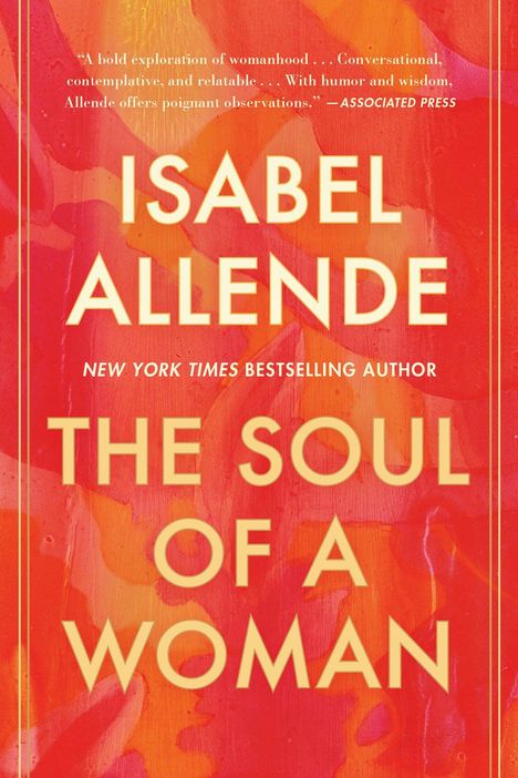„ISABEL ALLENDE: THE SOUL OF A WOMAN“. Rote und orange Aquarellkunst als Hintergrund.