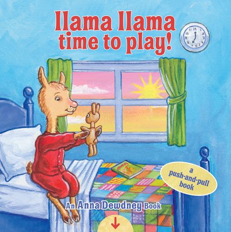 "Llama Llama Time to Play!" Illustration eines fröhlichen Lamas auf dem Bett mit Stofftier, bunte Tagesdecke, Sonnenaufgang draußen.