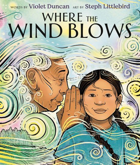 „WHERE THE WIND BLOWS“. Ein Mädchen hört einem älteren Mann zu, umgeben von spiralförmigen Windmustern.