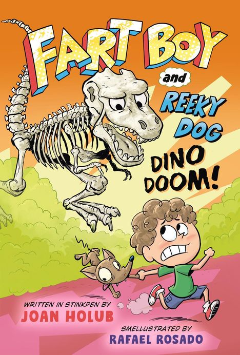 Text: "Fart Boy and Reeky Dog: Dino Doom!" Cartoon: Junge und Hund flüchten vor Dinosaurskelett auf buntem Hintergrund.