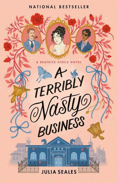 „A Terribly Nasty Business“ von Julia Seales, ein Bestseller, mit floralen Ornamenten und gezeichneten Porträts.