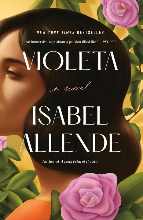 "New York Times Bestseller", "Violeta", "a novel", "Isabel Allende". Illustration von Frau mit Blumen und Blättern.